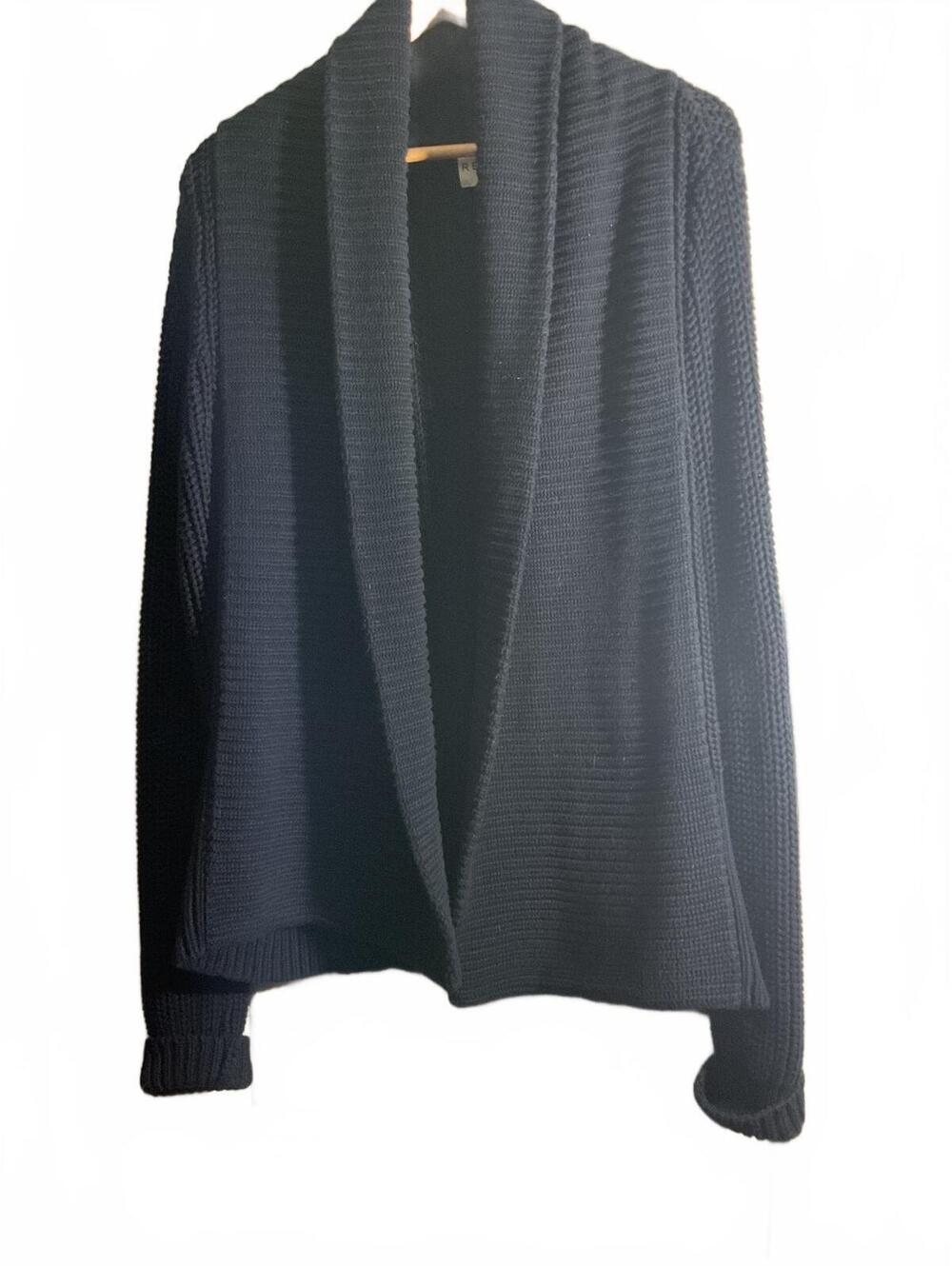 Reiss Navy Blue Ribbed Mixed Knit Cotton Classic Cardigan Sweater, Size Large